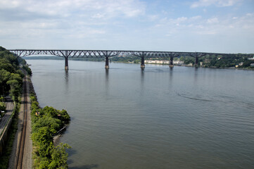 view of walkway over the hudson railroad bridge pedestrian and cycling path across river (distance far away boat) traffic view scenic walking trail high up