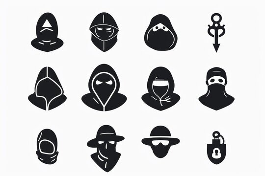 Thief icon, criminal person sign, bandit in mask, burglar silhouette, killer, gangster or robber in balaclava
