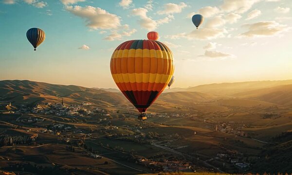 a group of hot air balloons flying over a valley