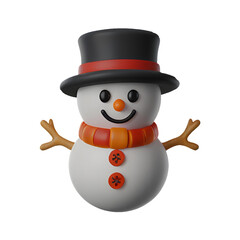 A chibi 3D Snowman with a large head, big eyes, wearing a Christmas-themed hat and scarf, with a carrot nose and coal buttons. The background is transparent.