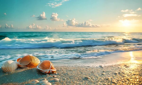 two seashells on the sand of a beach at sunset