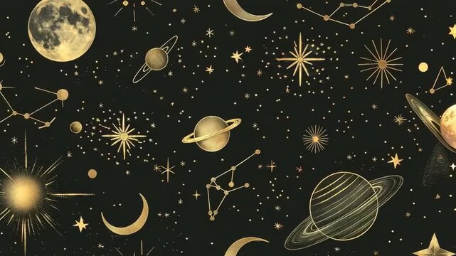 Seamless Celestial Pattern with Golden Astronomical Elements, 4k video