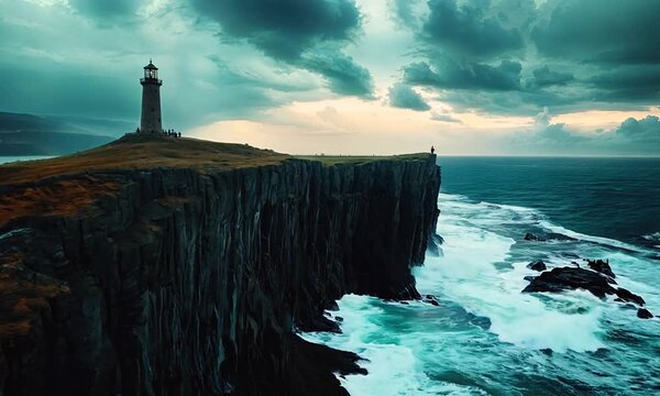 a lighthouse on top of a cliff near the ocean