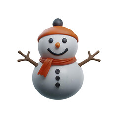 A chibi 3D Snowman with a large head, big eyes, wearing a Christmas-themed hat and scarf, with a carrot nose and coal buttons. The background is transparent.