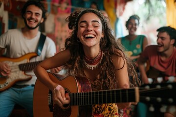 A group of young people engaging in a joyful music session, playing guitars and other instruments, surrounded by colorful decorations and beaming with happiness.