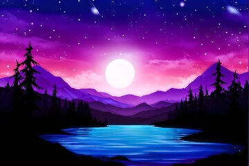 Naklejka premium a painting of a mountain lake with a full moon and a lake in the background.