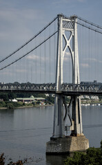 view of the mid hudson bridge to poughkeepsie, new york from highland (suspension bridge over river crossing) scenic landmark (pedestian and bike path, car lanes highway) valley ny state detail