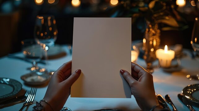 a branding mockup for a menu design of hands holding a blank menu sitting at a table at a fancy restaurant, direct flash bright flash light candle lit table