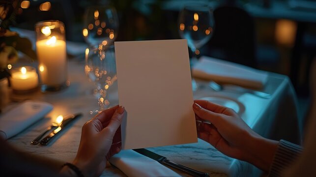 a branding mockup for a menu design of hands holding a blank menu sitting at a table at a fancy restaurant, direct flash bright flash light candle lit table