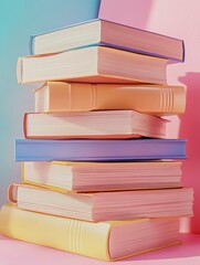 A vibrant stack of books displaying bold colors and intricate details in a stylized composition