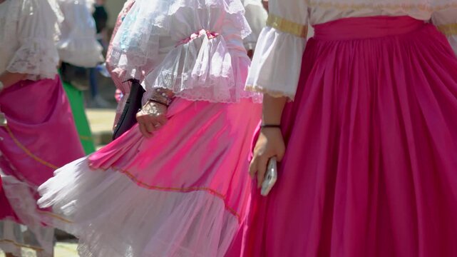 Traditional Latin American Folk Dance Performance. Women in vibrant pink and white dresses showcasing cultural heritage. Celebrating tradition through lively dance and colorful attire