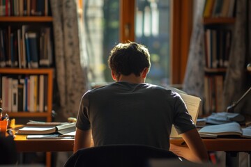 Intimate study setting with a single student engrossed in reading or writing at a desk illustrating the concept of studying alone and deep focus