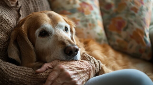 Charming portrayal of an elderly person and their pet enjoying a calm and affectionate moment in a home setting highlighting the bond of companionship