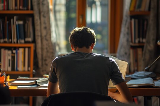 Intimate study setting with a single student engrossed in reading or writing at a desk illustrating the concept of studying alone and deep focus