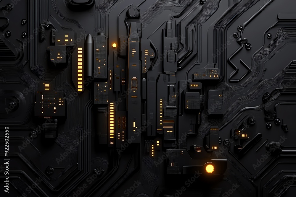 Poster Abstract black circuit board with glowing yellow lights illustrating advanced technology and connection. Futuristic tech background image.
