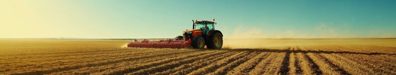 Obraz premium Spring Agriculture in Full Swing: A Farmer Tills the Soil with a Tractor, Embracing the Early Season Sowing Rituals and Field Preparations.