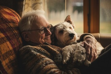 Endearing image of an older adult and their cherished pet relaxing together in a comforting space reflecting the warmth of companionship