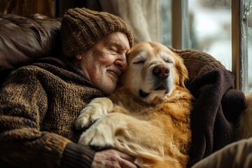Endearing image of an older adult and their cherished pet relaxing together in a comforting space reflecting the warmth of companionship