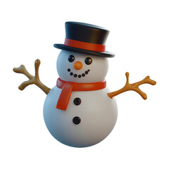 A chibi 3D Snowman with a large head, big eyes, wearing a Christmas-themed hat and scarf, with a carrot nose and coal buttons. The background is transparent.