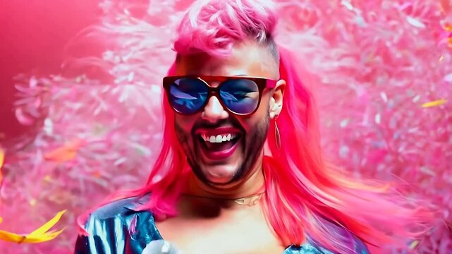 Gender bender, Genderqueer, drag king or queen comedian with pink hair, a mustache, facial hair and sunglasses, gender fuc or gender non binairy, brightly colored background
