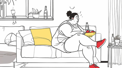 person in the kitchen. Fat woman sits near the table