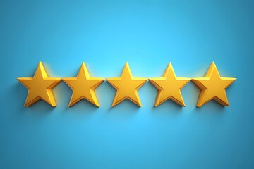 Fototapeta premium Five golden stars over blue background with reflections representing excellence 