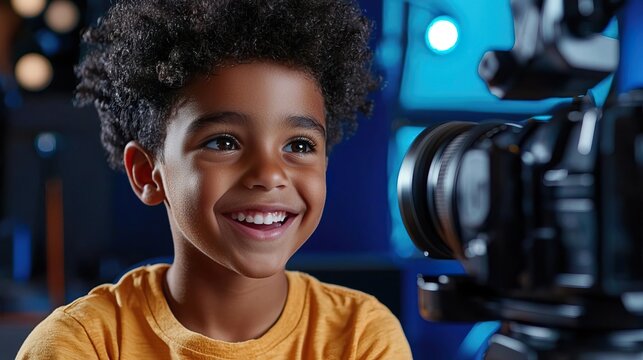 Smiling young boy looks at camera during a film shoot.