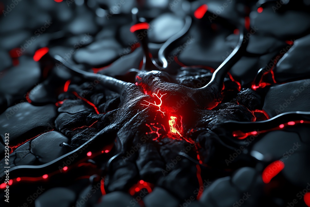 Poster Abstract futuristic neuron with glowing red synapses in a dark, metallic environment, showcasing neural network and biotechnology concept.