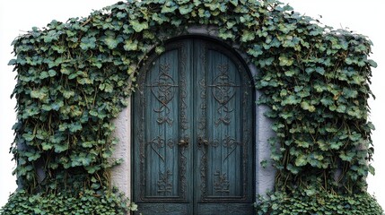 Obraz premium Enchanted door overgrown with ivy, complex engravings,
