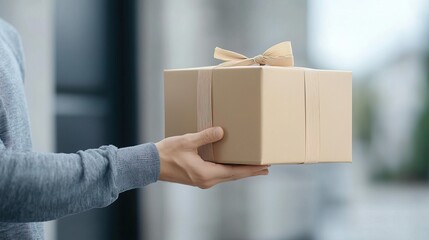 Closeup of hand holding a gift box with a gold ribbon, outdoors.