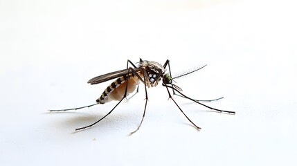 Close-up of a mosquito's thorax and legs, showing fine details, on a white background. Copy space. 