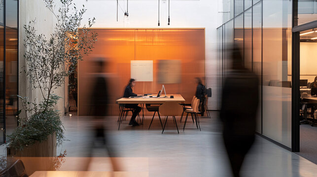 Long exposure shot of crowd of business people walking in bright office lobby fast moving with blurry