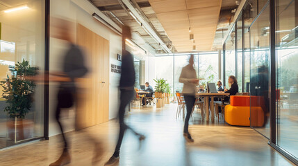 Long exposure shot of crowd of business people walking in bright office lobby fast moving with blurry