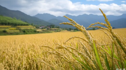 Golden Rice Field with Mountains in the Distance