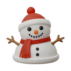 A chibi 3D Snowman with a large head, big eyes, wearing a Christmas-themed hat and scarf, with a carrot nose and coal buttons. The background is transparent.