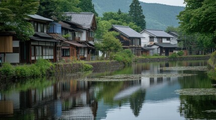 Obraz premium Traditional Japanese Houses by the Water