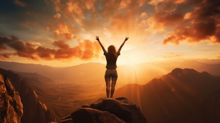 Fototapeta premium Young woman jumping with hands up against the sky and mountain