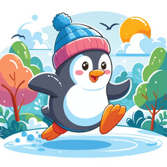 Naklejka premium a cartoon Penguin running happily in park flat colorful vector