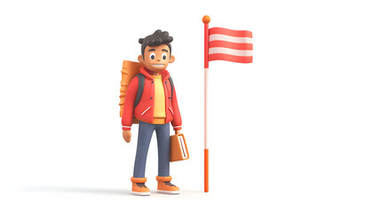 Proud Student with Books and Flagpole in 3D Flat Icon   Educational Pride and Tradition Concept