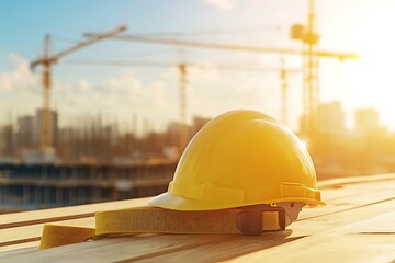 A yellow hard hat and muffs on a wooden table at a construction site, with a blurred background of a steel factory and the warm light of a sunset.