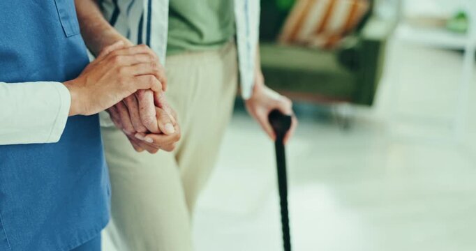 Walking stick, hands support and nurse with senior patient for healthcare service and home retirement. Physiotherapy, medical caregiver or doctor helping elderly person with disability and balance
