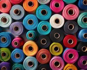Fototapeta premium A vibrant arrangement of colorful sewing threads in spools, showcasing various shades on a neutral background