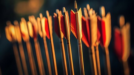 Fototapeta premium Closeup of Wooden Arrows with Red and Yellow Fletching