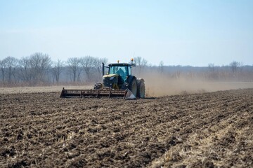Fototapeta premium Spring Agriculture in Full Swing: A Farmer Tills the Soil with a Tractor, Embracing the Early Season Sowing Rituals and Field Preparations.