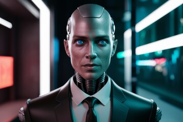 Futuristic humanoid robot with a realistic face, shown against a blurred cityscape background, representing advanced technology and AI