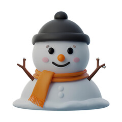 A chibi 3D Snowman with a large head, big eyes, wearing a Christmas-themed hat and scarf, with a carrot nose and coal buttons. The background is transparent.