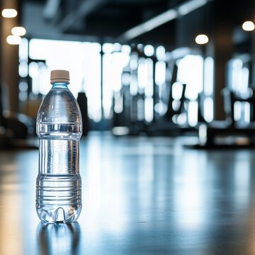 Fototapeta Plastic water bottle on a gym floor with blurred exercise equipment in the background