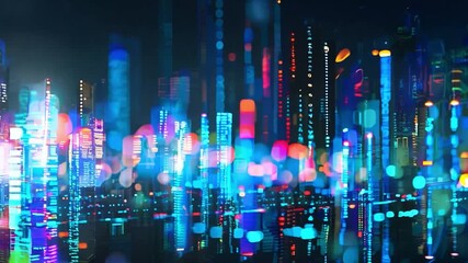 Abstract cityscape with blurred lights, mostly blue and red, in a dark digital background