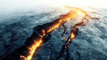 Mystical earthquake rupture with vivid ground patterns, intense light from fissures,