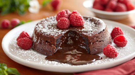 Showcase the velvety smoothness of a decadent chocolate lava cake, with its gooey molten center and dusting of powdered sugar.